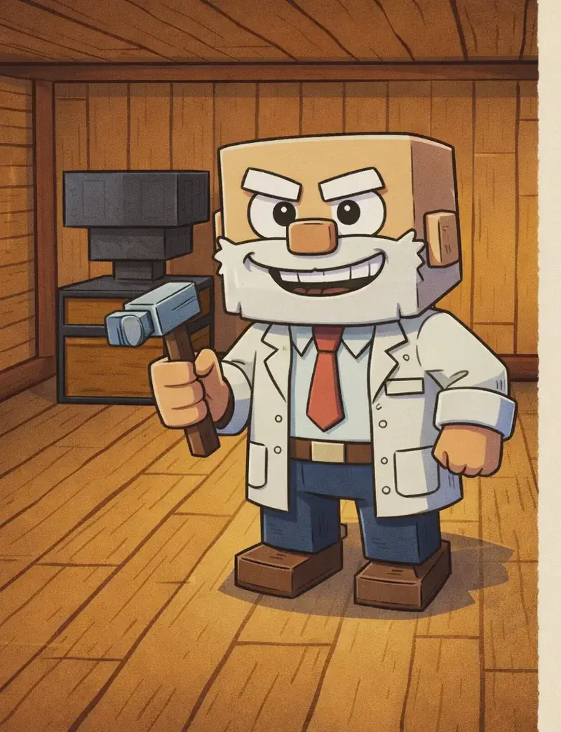 On the left side of the image, Dr. Can Do stands inside his wooden workshop, facing forward with a big grin spread across his face. He has a cube-shaped head, light beige skin, white bushy eyebrows, a thick white mustache, and small dark eyes. He wears a white lab coat over a white dress shirt with a red necktie, dark brown belt, dark navy-blue pants, and dark brown shoes, and holds a small gray hammer in his right hand. The room is noticeably tidier and more spacious, with the disposal device (a chest with a hopper and obsidian blocks) visible in the background. The indoor scene has wooden plank walls and a wooden ceiling, with warm lighting. The right side of the image is a plain beige/cream text area.