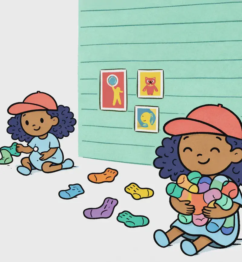 On the right side of the image, Alana is shown twice in an indoor bedroom scene with a teal-green paneled wall decorated with small colorful posters. In the lower right, Alana sits happily with eyes closed and a content smile, hugging a large armful of colorful socks against her chest. In the center-right background, a smaller version of Alana sits on the floor sorting through socks, looking cheerful and engaged. Several loose socks in various colors (purple, orange, green, blue, yellow) are scattered on the floor between the two poses. The left side of the image is plain white background.