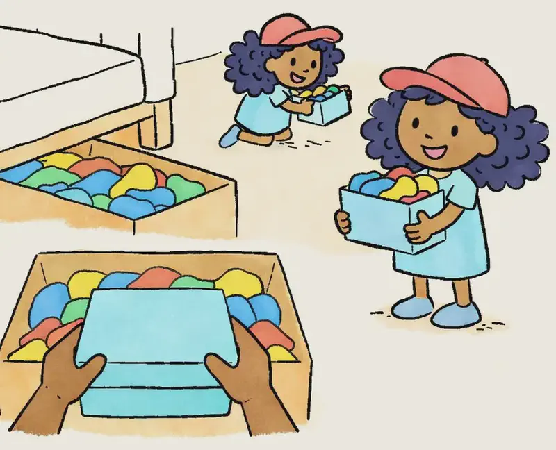 On the left side of the image, Alana is shown twice in a sequential vignette. In the lower-left corner, a close-up shows her hands lifting a smaller box out of a large box filled with colorful socks. In the center-left, Alana is shown at full figure, standing and smiling proudly while holding the small box of special socks against her chest. Behind her (upper-center-left), a smaller version of Alana is seen from the side, kneeling and peering into the small box with a happy expression. The scene is set indoors in her bedroom, viewed from above at an angle, with the large sock box partially visible from beneath the bed. The right side of the image is plain white background.