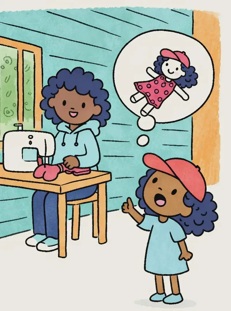 On the left side of the image, Mom sits at a wooden table operating a sewing machine, smiling as she works on transforming the socks. In the lower-left foreground, Alana stands at a three-quarter angle looking up with excitement toward a thought bubble that shows the finished sock doll — a cute ragdoll with curly hair and a polka-dot dress. The scene is set indoors in a cozy room with teal wooden-paneled walls and a window showing greenery outside. The right side of the image is open background with the teal wall and an orange accent panel.