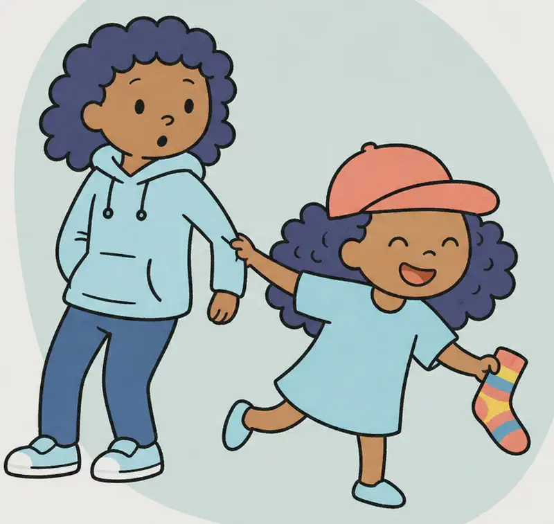 On the right side of the image, Alana is in the foreground, grinning with her eyes closed happily, leaning forward mid-stride and holding a colorful stripy sock in one hand. Behind her, Mom stands slightly further back, looking down at Alana with a mild, slightly surprised expression as Alana tugs her by the arm, pulling her along. The left side of the image is plain white background, while the right side has a soft light blue/teal textured backdrop behind the characters. The scene conveys playful energy as Alana enthusiastically drags Mom through the house on their sock-hunting mission.