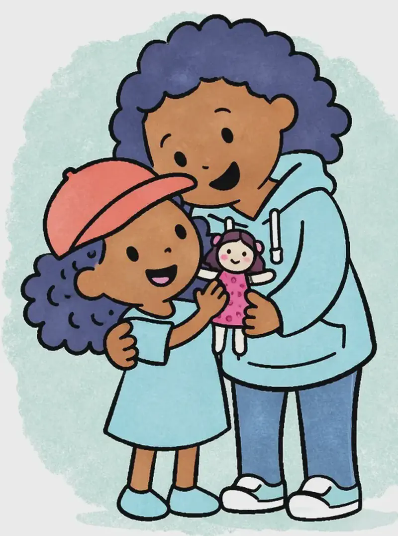 On the left side of the image, Mom stands behind Alana, wrapping her in a warm embrace. Both are smiling happily as they look at each other. Alana is holding up a small handmade sock doll with a polka-dot dress, proudly showing it off. The background behind them is a soft teal/turquoise wash, with the right side of the image left as plain white space.