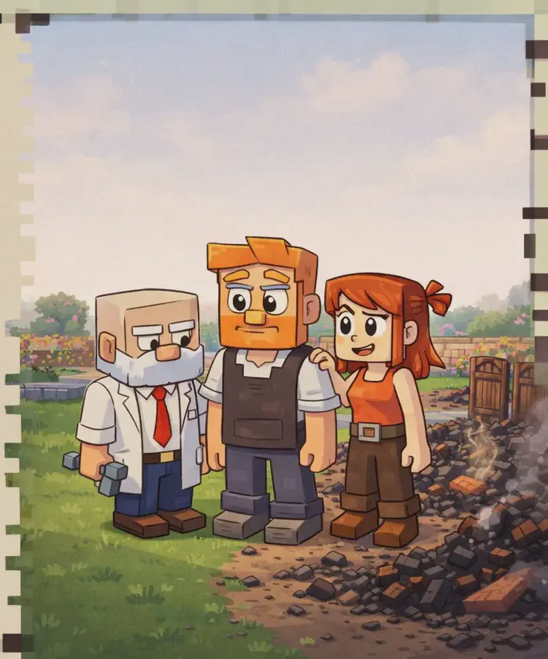 On the right side of the image, Tom, Jill, and Dr. Can Do stand together on grass near the smoldering remains of the bakery — charred wooden doors and scattered ash and debris. Jill stands closest to Tom on the right, her right hand resting on Tom's shoulder in a comforting gesture, her shoulder-length auburn hair and bright orange sleeveless top visible. Tom stands in the center, looking downcast but somewhat reassured, his orange hair, orange beard, and dark brown vest over a white short-sleeved shirt recognizable. Dr. Can Do stands on the left of the group, facing the pile of ash with a sad, contemplative expression, his white lab coat, white mustache, and red necktie visible. The scene is outdoors in a village setting under a pale, hazy morning sky, with low walls and flower gardens visible in the background.
