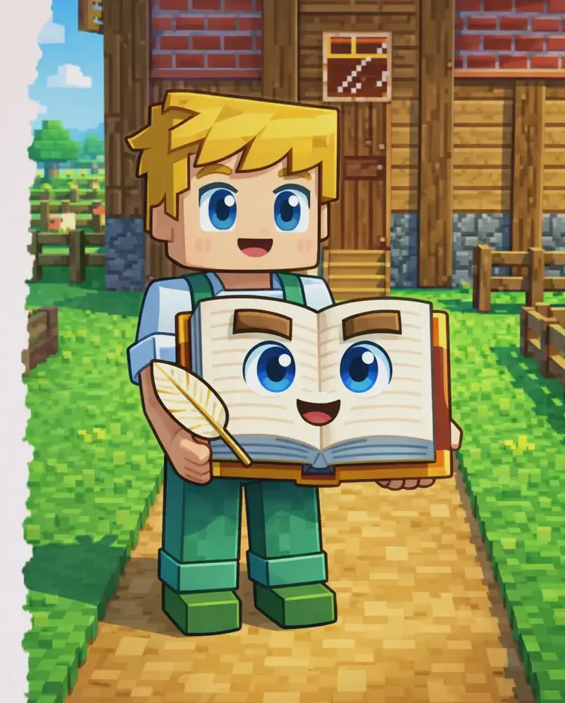 On the right side of the image, Ned stands facing forward on a dirt path in front of a wooden farmhouse, with a neutral expression, holding The Book open in his hands at waist level. Ned wears a white short-sleeved t-shirt under green overalls with visible front pocket details and dark green shoes. The Book is open with cream/off-white pages and a brown/golden-tan hardcover spine, with large round bright blue eyes, dark brown rectangular eyebrows, and a small open smiling mouth on its pages. The scene is set outdoors on a bright day with green grass surrounding the house, with fields and fenced animal pens visible in the background containing pigs and cows. The left side of the image is plain light background, clear for text overlay.