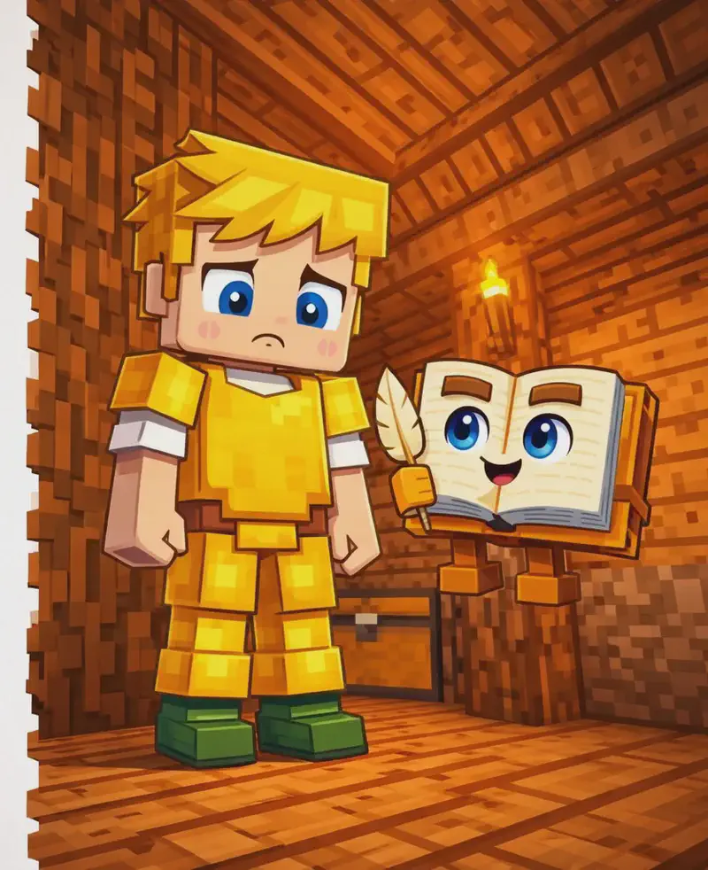 On the right side of the image, Ned stands inside a wooden interior resembling a cozy cabin or lodge, facing the viewer with a doubtful, unsure expression. Ned wears yellow-dyed leather armor — a yellow leather chestplate over his white t-shirt, with yellow leather leggings and his dark green shoes — and is looking down at himself uncertainly. The Book floats nearby, open and upright with its face visible on the pages, appearing sympathetic. The scene is warmly lit by a wall-mounted torch, with wooden beams and planks forming the walls and ceiling. The left side of the image is plain light background, clear for text overlay.