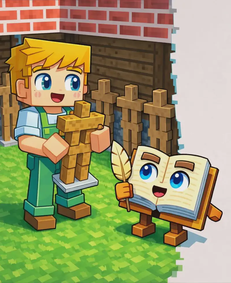 On the left side of the image, Ned stands on green grass in front of a wooden farmhouse building, facing forward with a mysterious smile, carrying a wooden armor stand under one arm. Ned wears a white short-sleeved t-shirt under green overalls. Several dark wooden armor stands are already lined up in a row against the wall of the farmhouse. The Book hovers nearby, open and upright with its face visible on the pages, looking confused and curious. The right ~40% of the image is plain light background, clear for text overlay.