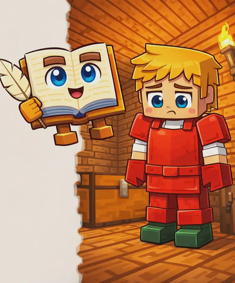 On the right side of the image, Ned stands inside a wooden cabin or crafting room, facing forward with a disappointed, uncertain expression. Ned wears red-dyed leather armor — a red leather chestplate over his white t-shirt, with red leather leggings and his dark green shoes — and is looking down at himself. The Book floats nearby, open and upright with its face visible on the pages. The interior is lit by a wall-mounted torch, with wooden plank walls and ceiling beams creating a cozy indoor workshop atmosphere. The left side of the image is plain light background, clear for text overlay.