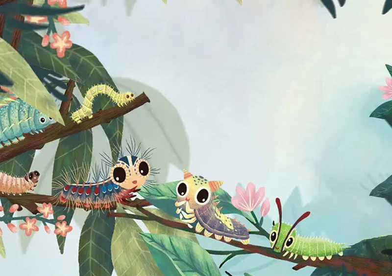 Colorful caterpillars of different types meeting on tree branches with pink flowers in forest.