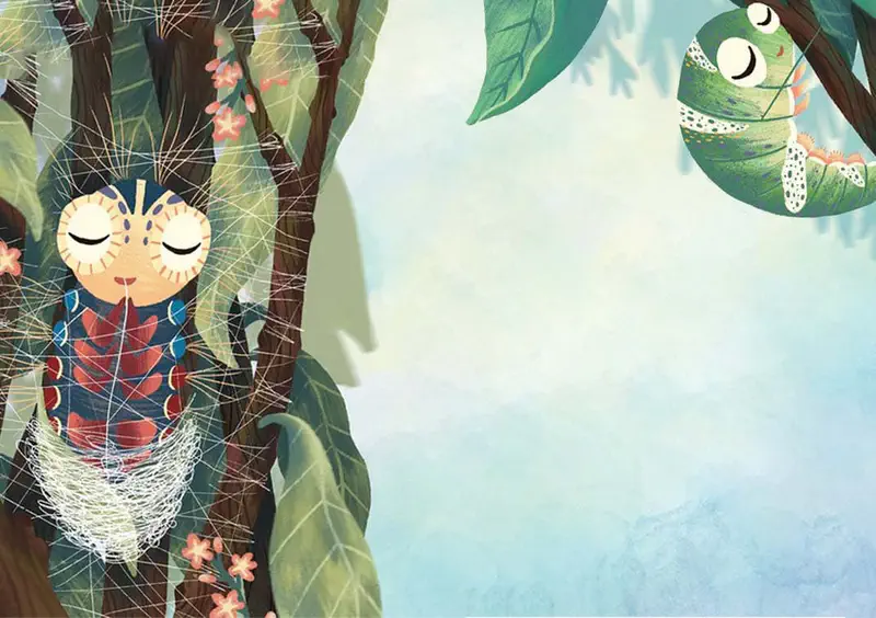 Two caterpillars sleeping in cocoons - spiky one wrapped in silk, green one curled in leaf.