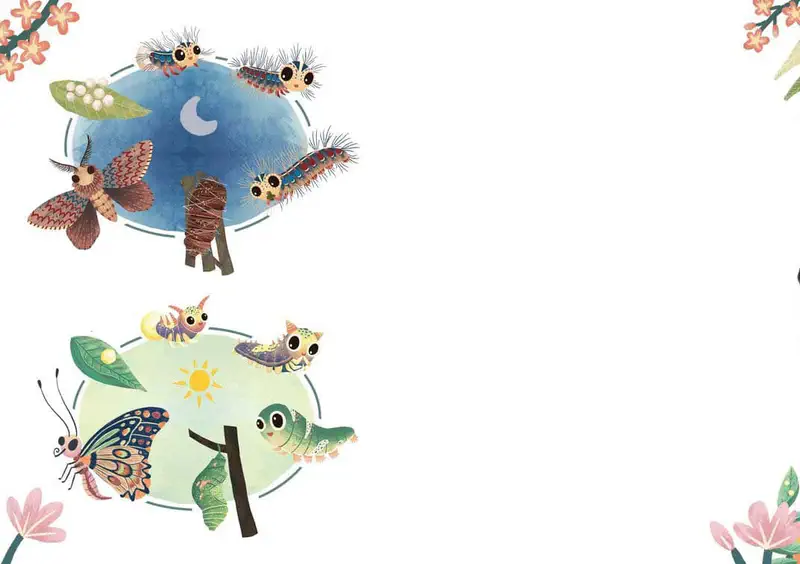 Two circular diagrams showing caterpillar life cycles - nighttime moths above, daytime butterflies below.