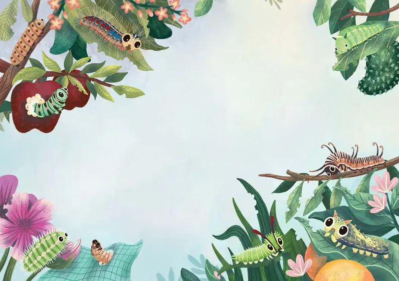 Many different colorful caterpillars gathered on leaves and branches with fruits and flowers.