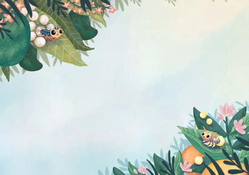 Two caterpillars far apart - spiky blue one on leaf with eggs, yellow striped one on leaves with flowers.