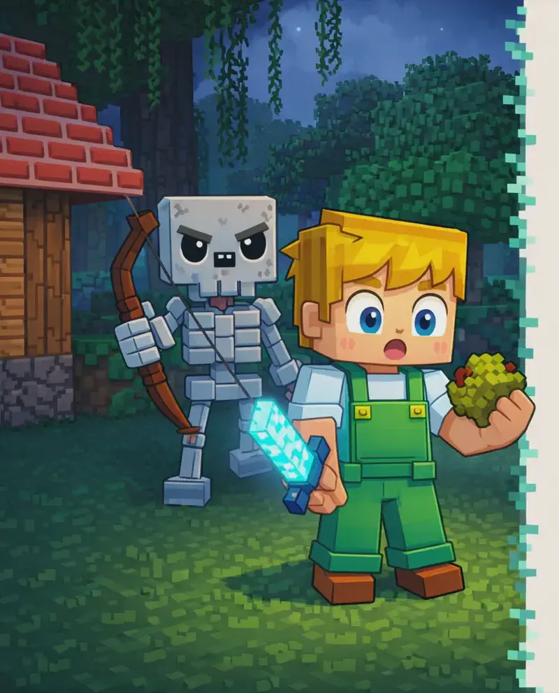 On the left side of the image, Ned stands facing forward on a grassy area with a cautious expression, holding his glowing sword in one hand and a small lump of greenish-brown rotten flesh in the other, examining it with curiosity. Skeleton lurks directly behind Ned, approaching from the background with a menacing stance, holding its bow — matching the text's description of bones clicking from the shadows. The scene is set outdoors at dusk with dark, moody skies, surrounded by tall trees and the corner of a wooden house with a stone foundation, creating an eerie atmosphere. The right ~40% of the image is plain background reserved for text overlay.