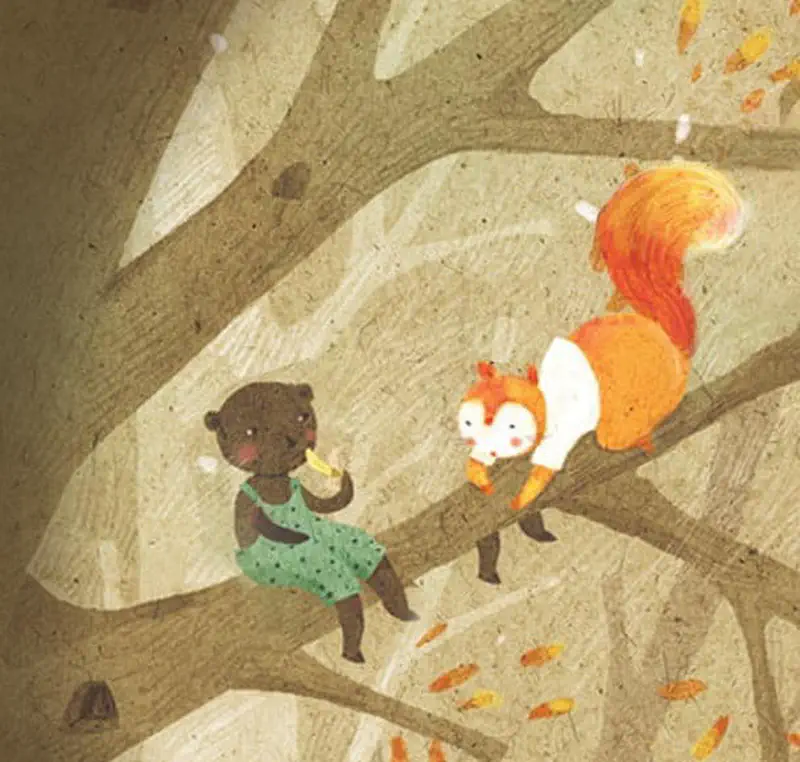 Brown bear in green dress sharing acorn with orange squirrel on tree branch in autumn forest.