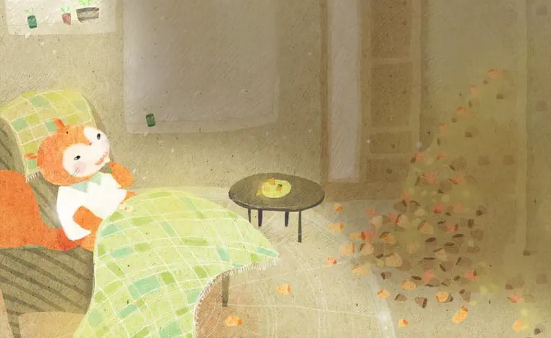 Orange squirrel cozy under blanket looking at pile of acorns spilling through doorway into room.