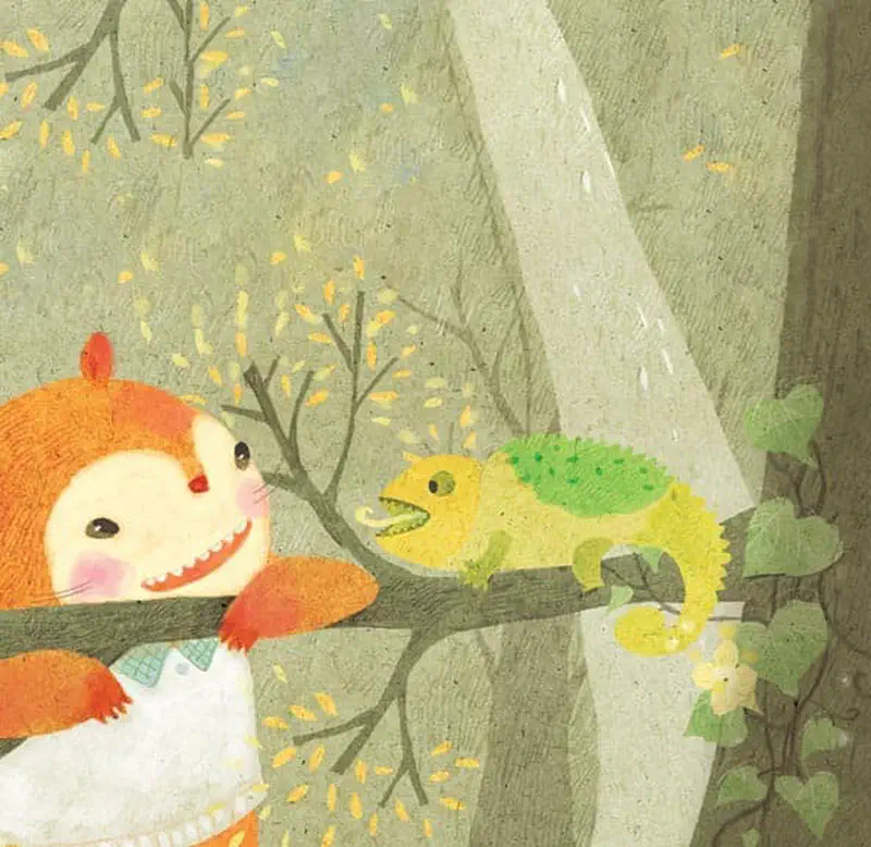 Smiling orange squirrel on tree branch meeting green and yellow chameleon with falling leaves.