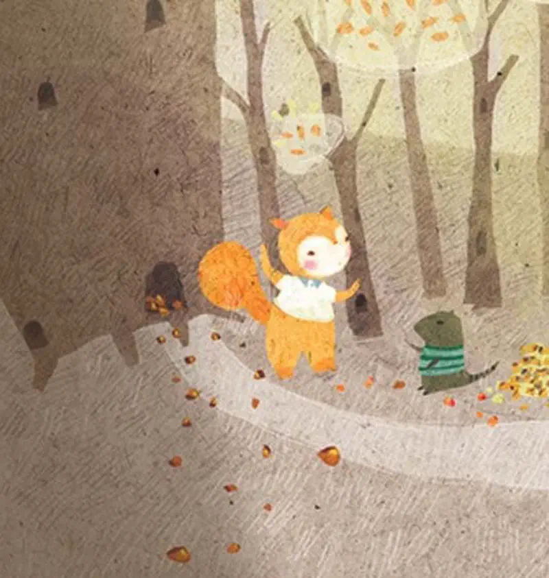 Orange squirrel standing in autumn forest path with acorns, meeting animal in striped sweater.