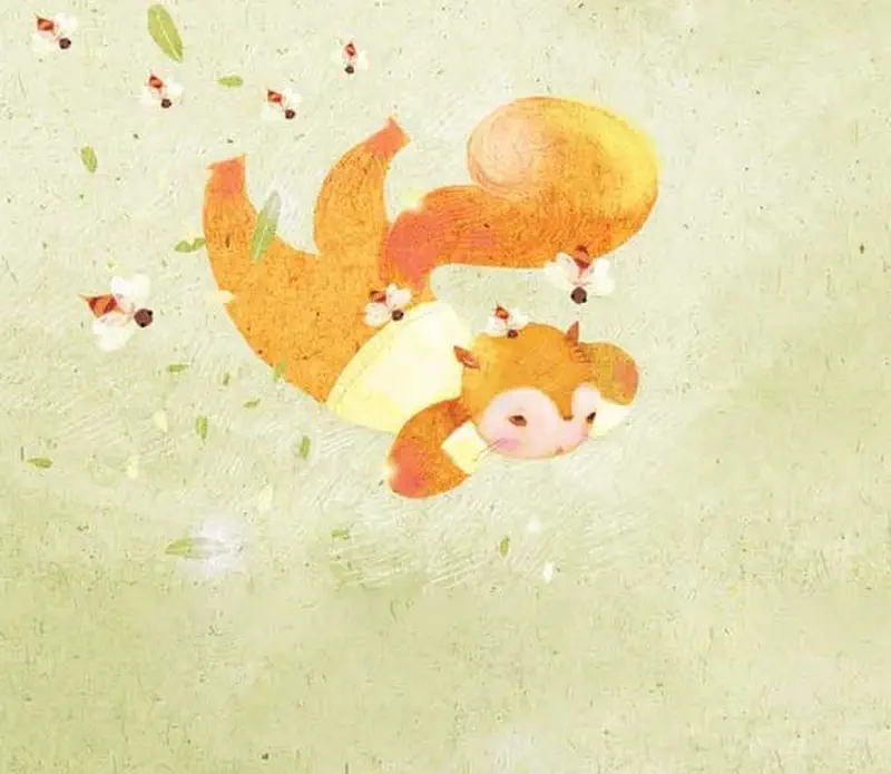 Orange squirrel falling through air surrounded by bees and floating leaves in soft green scene.