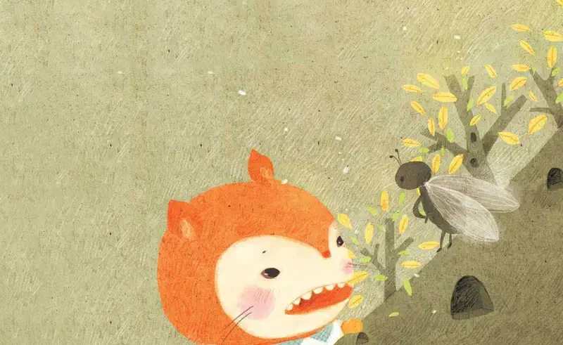 Smiling squirrel looking at cicada on branch with yellow autumn leaves against green background.