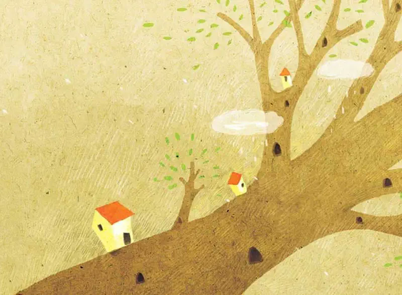 Three small birdhouses with orange roofs nestled among tree branches with floating clouds and leaves.