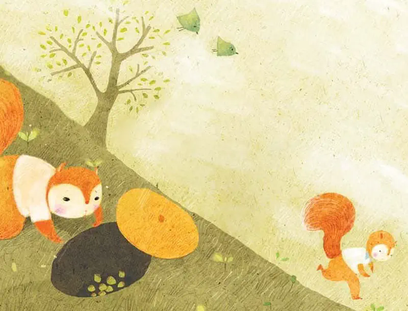 Two orange squirrels near large colorful pumpkins under tree with bird flying overhead in autumn.