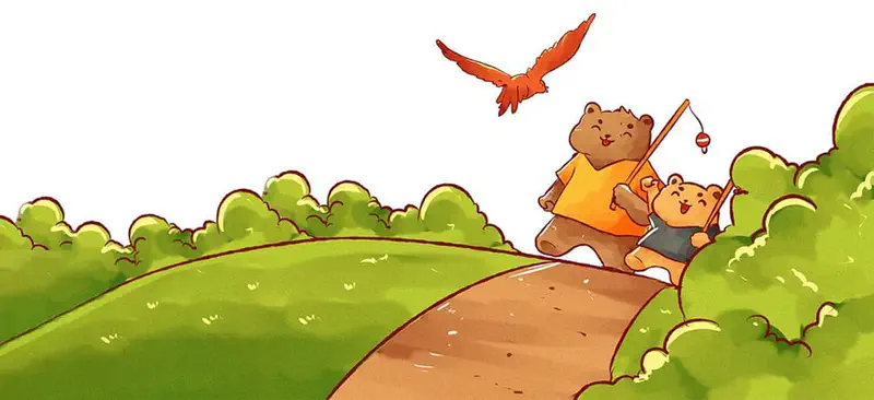 A parent bear in an orange shirt walks with a small bear cub carrying fishing rods along a path through green hills as a bird flies overhead.