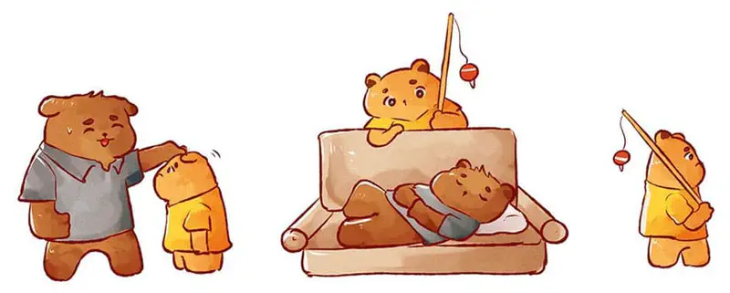 Three panels showing a bear family: father comforting cub, cub with fishing rod watching dad sleep on couch, and cub walking away with rod.