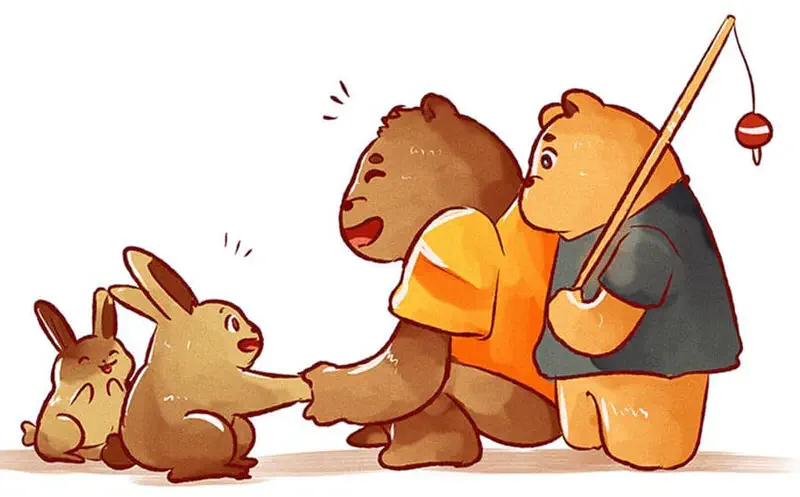 Two rabbits meet a bear cub who is being comforted by a larger bear holding a fishing rod.