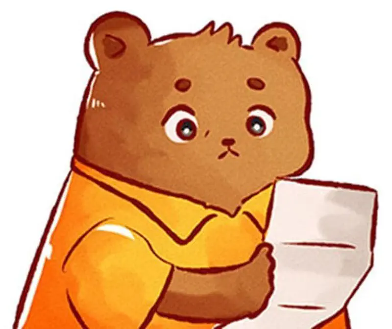 A close-up of a concerned-looking bear in an orange shirt holding and reading a letter.