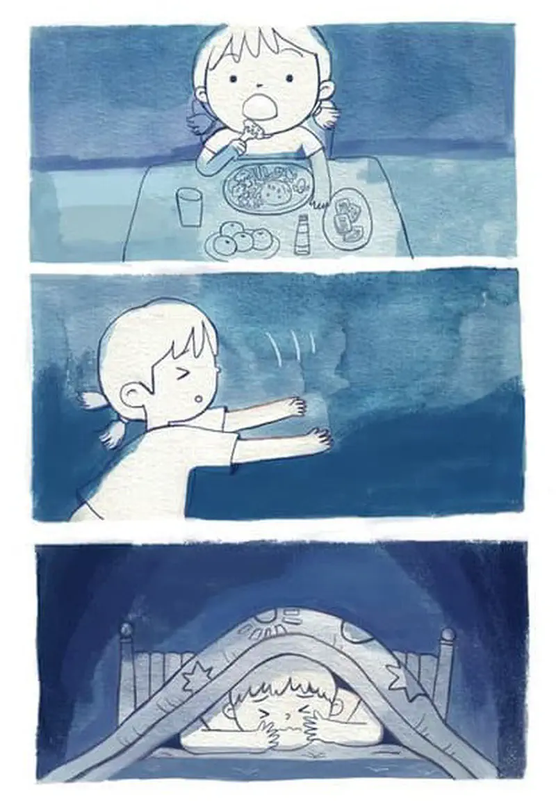 Three-panel comic showing a boy eating dinner, yawning and stretching, then sleeping in bed at night in blue tones.