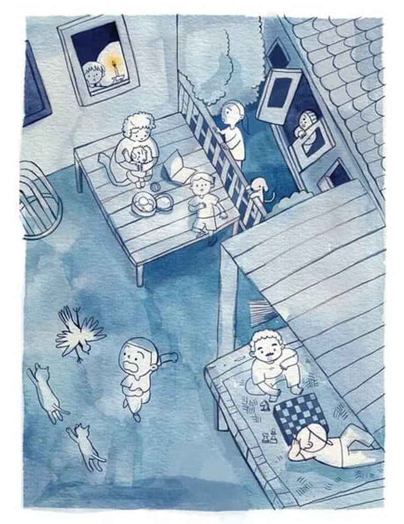 Blue-tinted aerial view of a neighborhood with family at dinner, children playing with cats, and neighbors chatting on rooftops.