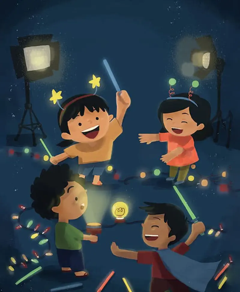 Four happy children play with glow sticks and colorful lights at a nighttime celebration with studio lights in the background.
