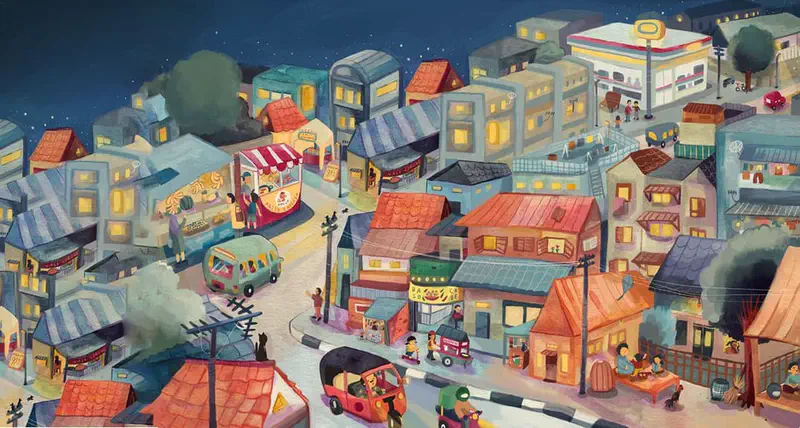 A bustling nighttime town with colorful lit buildings, market stalls, food vendors, and vehicles on winding streets.