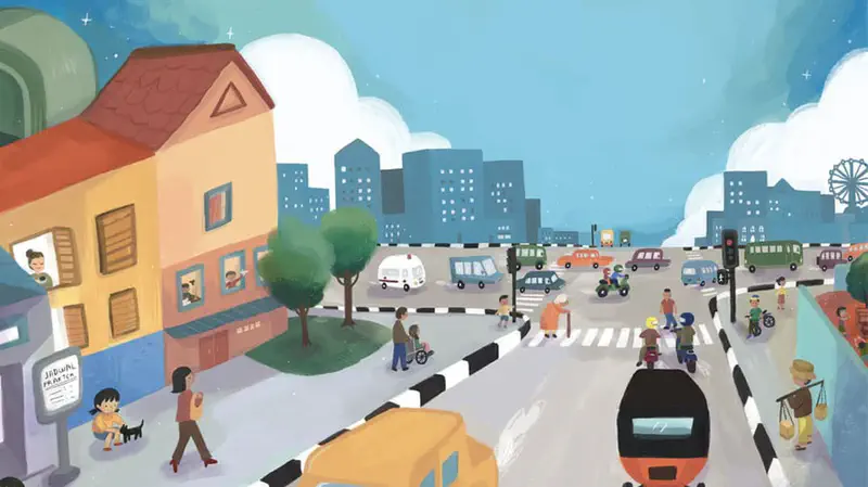 A busy daytime city street scene with buildings, traffic, pedestrians crossing, and a ferris wheel visible in the distance.