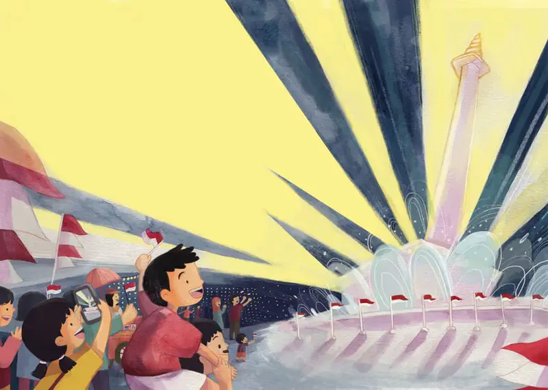 A joyful crowd waves Indonesian flags at a fountain monument with dramatic light beams radiating across the sky.