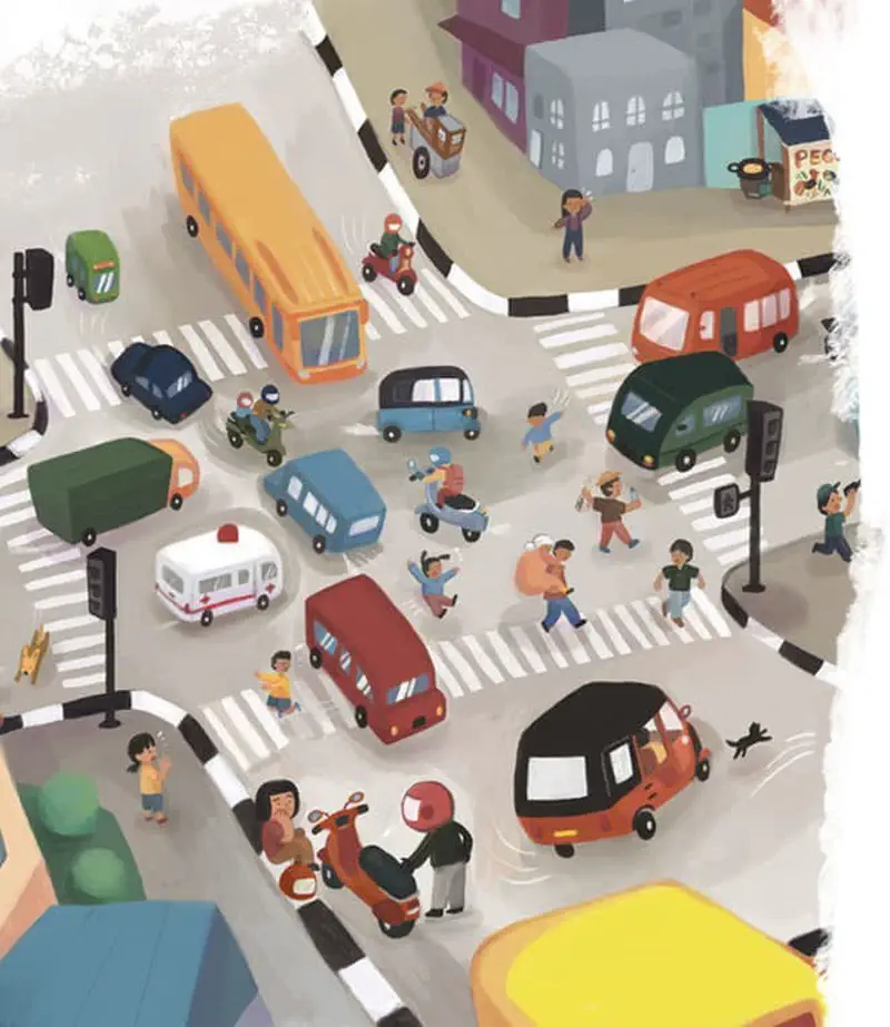 Aerial view of a busy intersection with colorful buses, cars, motorcycles, pedestrians crossing, and city buildings.