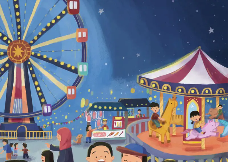 A lively night fair with a glowing ferris wheel, carousel with children riding horses, food stalls, and starry sky.