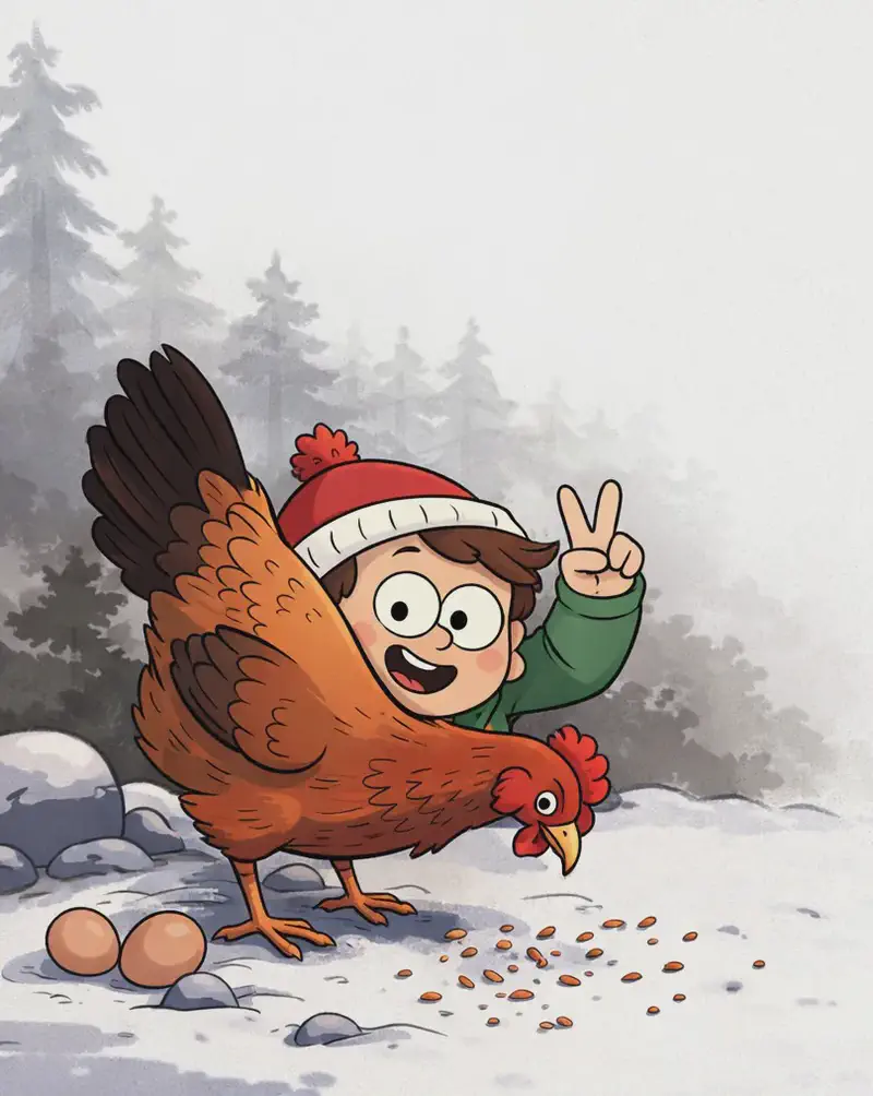 On the left side of the image, Child is crouching or lying low on the ground behind a red hen, peeking out with a cheerful expression and holding up two fingers in a peace/victory sign. The hen stands in the foreground pecking at scattered feed on the snowy ground, with two eggs visible nearby among some rocks. The scene is set outdoors in a wintry suburban yard with soft grey trees and misty atmosphere in the background. The right side of the image is open, plain background.