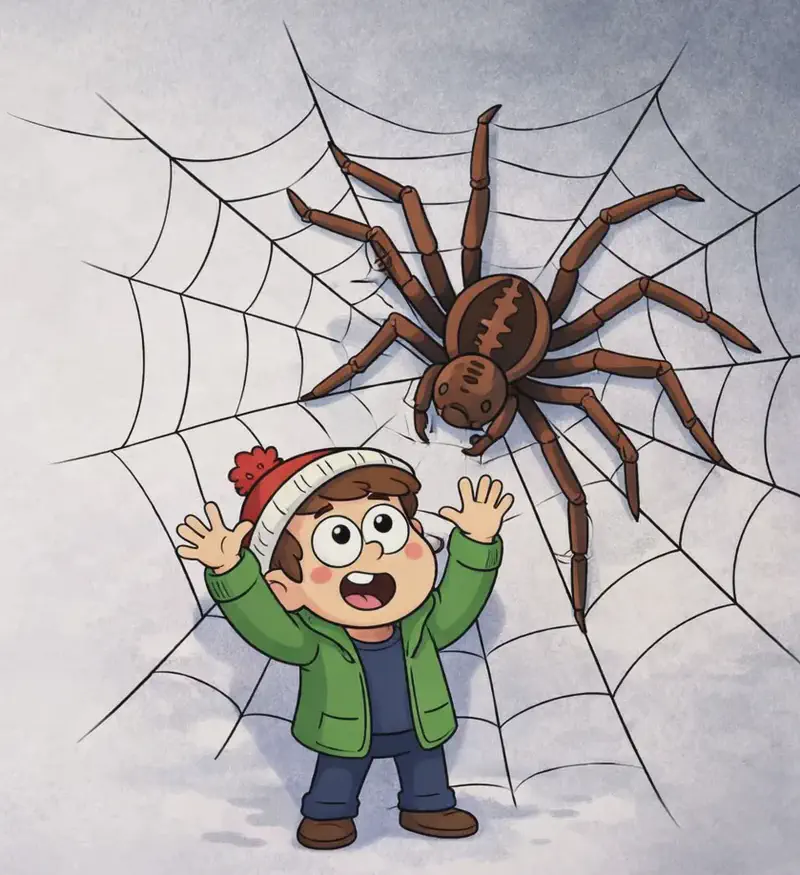 On the right side of the image, Child stands caught in a giant spider's web, arms raised with hands spread wide and an expression of awe and surprise, looking up at an enormous brown spider with eight clearly visible legs perched on the web above them. The web is made of thick, rope-like string stretching across the right portion of the scene. The background is a muted, misty grey, and the left side of the image is plain open space.