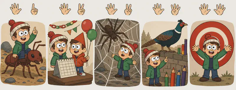In the bottom portion of the image, five small vignette panels are arranged in a row, each recapping a counting scene from the second half of the journey. From left to right: (six) Child rides on the back of a giant dark-red ant marching across rocky ground while pointing one finger upward, (seven) Child and Friend stand excitedly at a desk calendar with festive decorations including a paper chain, bunting, and red and green balloons, (eight) Child stands in front of a giant spider's thick web looking up in awe at a large brown spider, (nine) Child points up at a large dark-plumed pheasant perched on a stone-brick wall surrounded by coloured pencils, and (ten) Child stands with arms spread wide and both open hands showing in front of a red-and-white bullseye target. Above each vignette, a pair of small illustrated hands floats against the background: the first panel shows an open five-finger hand plus a one-finger hand, the second and third panels each show an open five-finger hand plus a two-finger hand, the fourth panel shows an open five-finger hand plus a four-finger hand, and the fifth panel shows two open five-finger hands. The top half of the image is plain cream-white background.