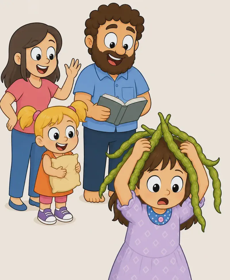 On the left side of the image, Allie stands in the foreground with a dismayed, open-mouthed expression, holding green bean pods on top of her head with both hands raised — the beans drape down like wild, tangled hair over her badly-cut brown hair. She has a round face, large black eyes, light/fair skin, and wears a light purple/lavender short-sleeved dress. In the upper-left corner, Mom, Dad, and Sister are grouped together, all laughing and amused at Allie's bean-hair attempt. Mom has chin-length wavy brown hair, large round black eyes, light/fair skin, and wears a coral-red short-sleeved V-neck top and blue jeans. Dad is stocky with warm medium-brown skin, large round white eyes with black pupils, a wide round nose, a full curly dark-brown beard and matching curly dark-brown hair, wearing a light blue short-sleeved button-up shirt with a front chest pocket and dark navy-blue pants — he holds a book. Sister has golden-blonde hair in two short pigtails with pink hair ties, large dark eyes, light/fair skin, and wears an orange short-sleeve dress over a pink t-shirt — she clutches a pillow, grinning with delight. The scene is set indoors against a plain, light background. The right ~40% of the image is empty white space.