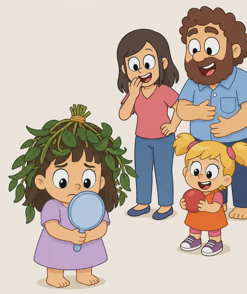 On the right side of the image, Allie stands in the foreground holding her small round light-blue hand mirror up to her face, looking dismayed and uncomfortable. She has a round face, large black eyes, light/fair skin, and wears a light purple/lavender short-sleeved dress. Her badly-cut brown hair is covered in droopy spinach leaves arranged like a messy wig on top. In the upper-right corner, Mom and Dad stand together laughing heartily at Allie's spinach hairstyle. Mom has chin-length wavy brown hair, large round black eyes, light/fair skin, and wears a coral-red short-sleeved V-neck top and blue jeans. Dad is stocky with warm medium-brown skin, large round white eyes with black pupils, a wide round nose, a full curly dark-brown beard and matching curly dark-brown hair, wearing a light blue short-sleeved button-up shirt with a front chest pocket and dark navy-blue pants — he holds his belly laughing. Sister is just below them, also laughing with delight and holding a red ball. Sister has golden-blonde hair in two short pigtails with pink hair ties, large dark eyes, light/fair skin, and wears an orange short-sleeve dress over a pink t-shirt. The scene is set indoors against a plain, light background.