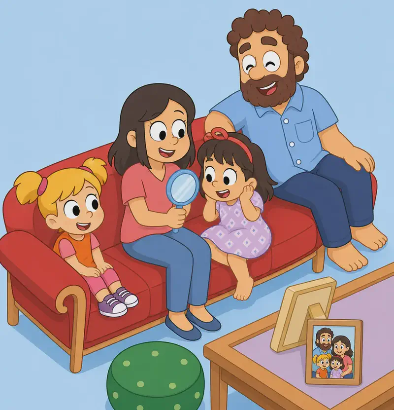 On the right side of the image, the whole family is gathered on and around a red couch in a cozy living room. Mom sits on the couch smiling broadly, holding up a small round light-blue hand mirror toward Allie. Mom has shoulder-length dark brown hair, large round black eyes, light/fair skin, and wears a coral-red short-sleeved top, blue jeans, and dark blue flat shoes. Allie sits beside Mom on the couch, looking delighted with a big grin as she sees herself in the mirror, one hand resting on her cheek. Allie has a round face, large black eyes, light/fair skin, bare feet, and her short brown hair now has a red hairband on it. She wears a light purple/lavender short-sleeved dress with a small diamond pattern. Sister sits on the left end of the couch, turned toward the others and smiling happily. Sister has golden-blonde hair in two short pigtails with pink hair ties, large dark eyes, light/fair skin, and wears an orange short-sleeve top over a pink t-shirt with pink leggings and purple-and-white sneakers. Dad is perched on the arm of the couch behind them, laughing with his eyes closed. Dad is stocky with light/fair skin, large round white eyes with black pupils, a wide round nose, a full curly dark-brown beard and matching curly dark-brown hair, wearing a light blue short-sleeved button-up shirt with a front chest pocket and dark navy-blue pants, with bare feet. On the lower right, a small coffee table with a pink/lavender top holds a framed family photo and a second empty frame, and a round green polka-dot cushion sits on the floor nearby. The left portion of the image is plain light blue background. The hairband is red and has a little bow on it.