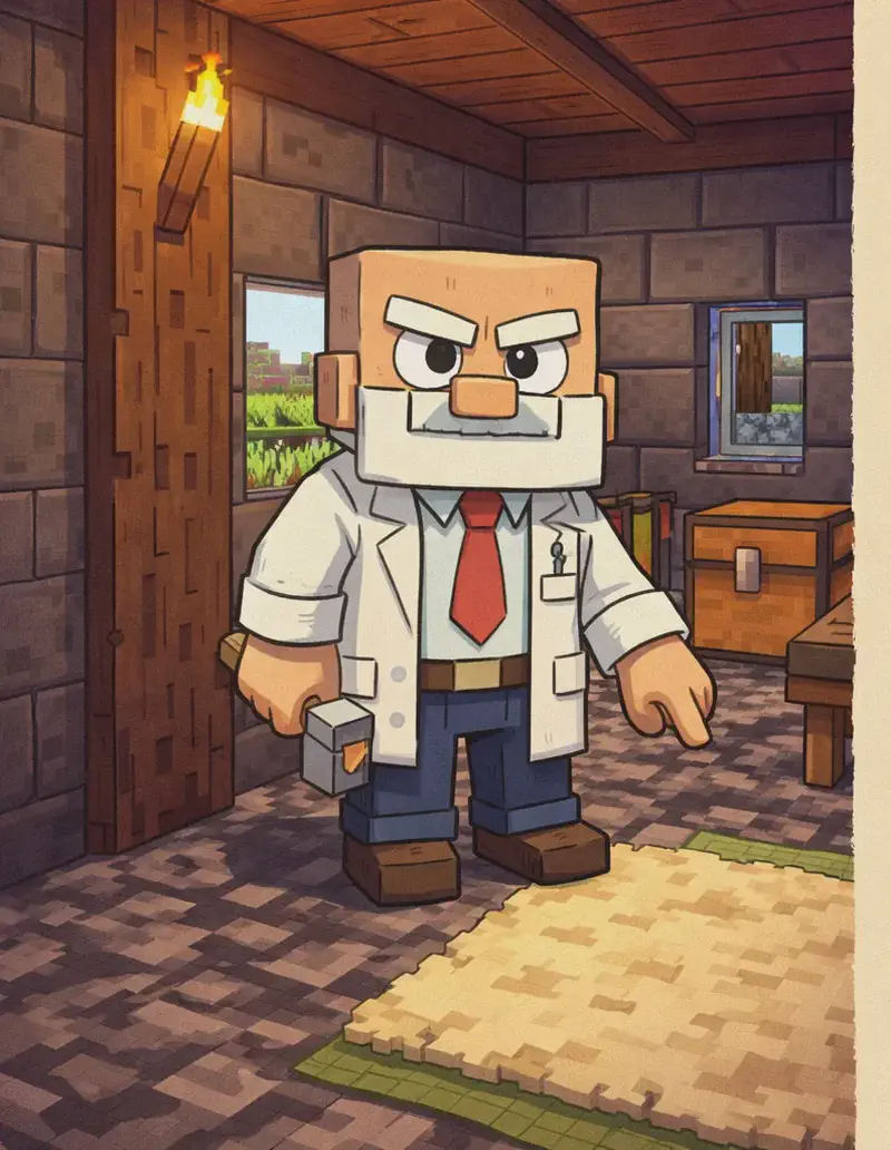 On the left side of the image, Dr. Can Do stands inside a cozy stone cottage interior, facing the viewer with a calm, determined expression and one arm extended downward, pointing at a soft carpet spread across the floor — demonstrating how sheep's wool can be turned into carpet for home improvement. He is a blocky, Minecraft-inspired character with a cube-shaped head, light beige skin, white bushy eyebrows, a thick white mustache, and small dark eyes. He wears a white lab coat over a white dress shirt with a red necktie, dark brown belt, dark navy-blue pants, and dark brown shoes, and holds a small gray hammer in his right hand. The room has stone walls, a wooden ceiling, a wooden support beam with a wall-mounted torch above, and a chest nearby. A window looks out onto green surroundings. The right ~40% of the image is plain parchment-colored background reserved for text.