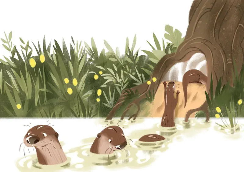 Otter family near their den in a tree trunk, with pups swimming in the water surrounded by tall green reeds.