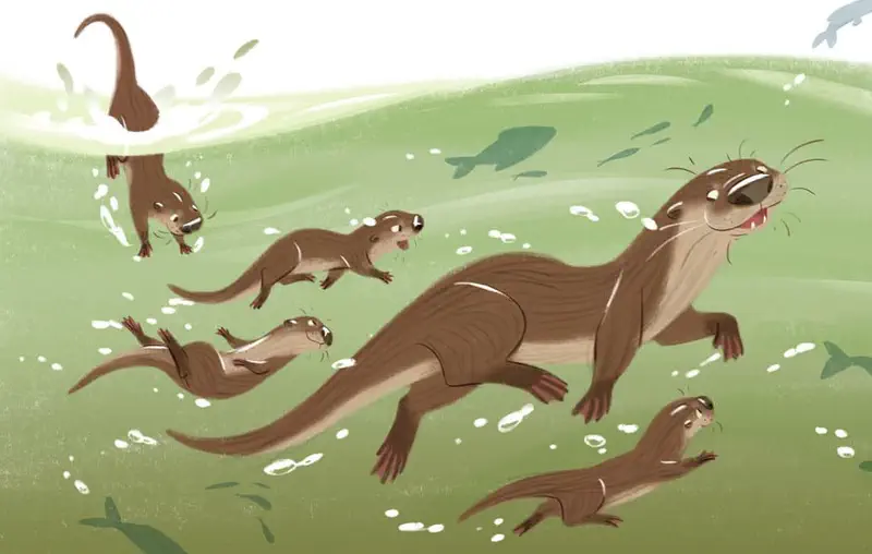 Mother otter leads her five pups swimming underwater, with one diving from above creating a splash.