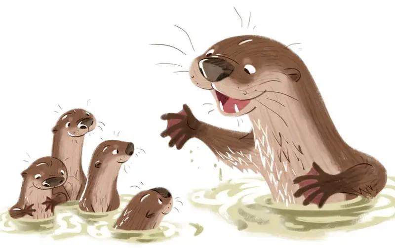 Cheerful mother otter stands in water with arms outstretched, happily greeting her four swimming pups.