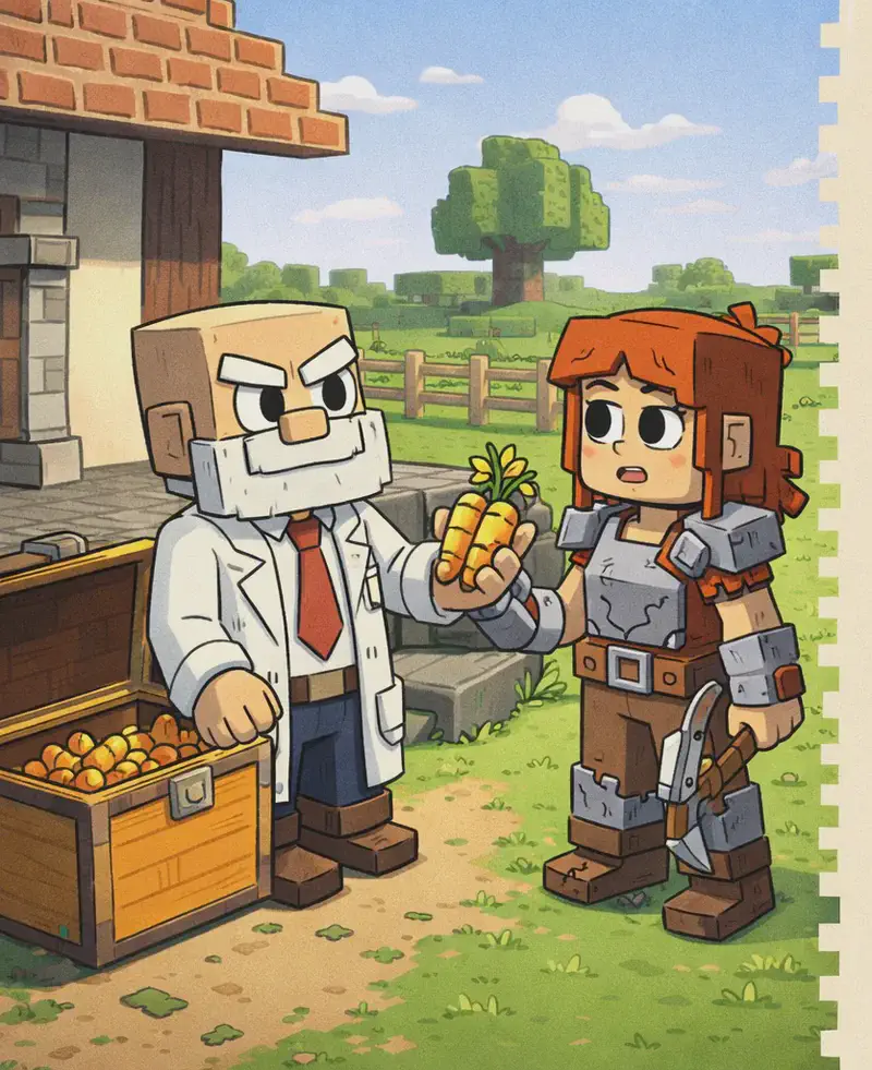 This is a Minecraft-style illustration. On the left side of the image, Dr. Can Do — a blocky character with a cube-shaped head, light beige skin, white bushy eyebrows, a thick white mustache, and small dark eyes — is standing near an open chest, holding golden carrots and passing them toward Jill. He wears a white lab coat over a white dress shirt with a red necktie, dark brown belt, dark navy-blue pants, and dark brown shoes. Jill stands beside him looking tired and roughed up, with shoulder-length auburn/copper-orange hair and a side-swept fringe, large round dark eyes, and light skin. She wears cracked, battle-worn armor over her bright orange sleeveless top, with her gray-and-brown pickaxe slung at her side. The scene is set outdoors during daytime in front of a brick-and-stone house, with green grass, wooden fences, and blocky trees in the background. The right ~40% of the image is a plain beige/parchment area reserved for text overlay.