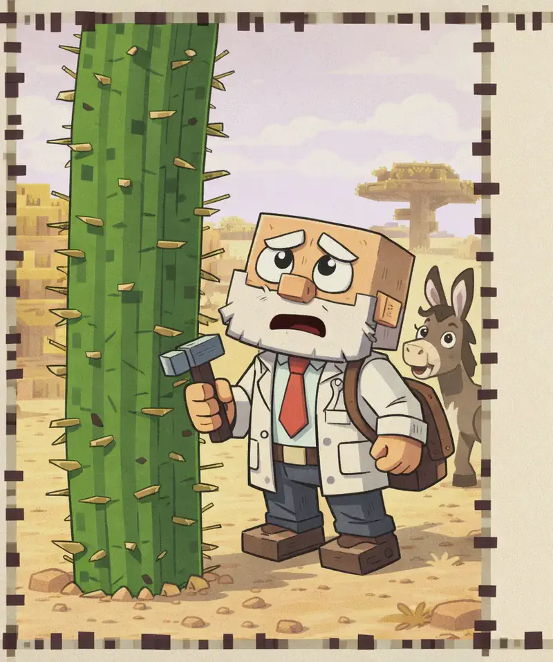 On the left side of the image, Dr. Can Do — a blocky, cube-headed character with light beige skin, white bushy eyebrows, a thick white mustache, and small dark eyes — stands in a desert landscape, looking up with a concerned, worried expression at a tall, towering cactus that looms over him with rough prickly spines sticking out in every direction. He wears a white lab coat over a white dress shirt with a red necktie, dark brown belt, dark navy-blue pants, and dark brown shoes, with a bag slung over his shoulder. A blocky Minecraft-style donkey shuffles backwards nervously behind him. The outdoor scene features sandy ground under a pale sky. The right ~40% of the image is a plain beige panel reserved for text, with a decorative border framing the entire page.