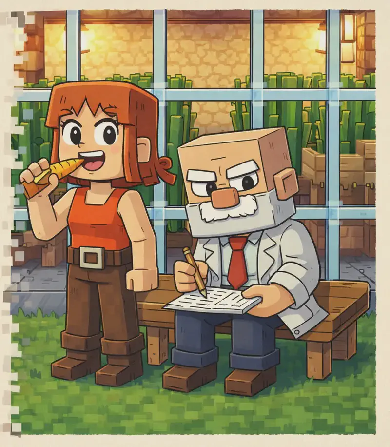 On the right side of the image, Jill stands on a grassy area in front of a large glass greenhouse, facing forward with a happy, amused expression as she munches on a golden carrot held in her hand. She has shoulder-length auburn/copper-orange hair with a side-swept fringe, large round dark eyes, and light skin, wearing a bright orange sleeveless top with a brown belt, dark brown pants, and brown boots. Beside her, Dr. Can Do — a blocky, cube-headed character with light beige skin, white bushy eyebrows, a thick white mustache, and small dark eyes — sits on a bench or block, already lost in thought with a distracted expression, sketching plans on paper with a pencil. He wears a white dress shirt with a red necktie, dark brown belt, dark navy-blue pants, and dark brown shoes. Behind them through the glass panels, green crops and garden beds are visible inside the lit greenhouse. The left side is a plain beige area reserved for text.